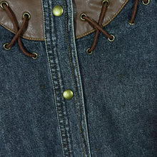 Load image into Gallery viewer, Vintage Faux Brown Leather Panel Cowboy Western Washed Black Denim Long Sleeve Shirt
