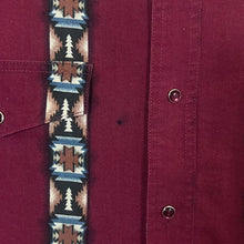 Load image into Gallery viewer, Vintage Wrangler Cowboy Western Patterned Burgundy Popper Long Sleeve Cotton Shirt
