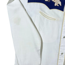 Load image into Gallery viewer, Vintage Cowboy Western Embroidered Floral Navy Blue White Long Sleeve Popper Shirt
