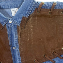 Load image into Gallery viewer, Vintage Cowboy Western Brown Lace Panel Blue Denim Popper Long Sleeve Shirt
