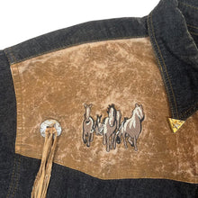 Load image into Gallery viewer, Vintage JOHN F. GEE Embroidered Horse Tassle Leather Panel Cowboy Western Black Denim Long Sleeve Shirt
