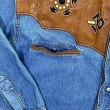 Load image into Gallery viewer, Vintage Shooter Cowboy Western Leather Panel Blue Denim Long Sleeve Popper Shirt
