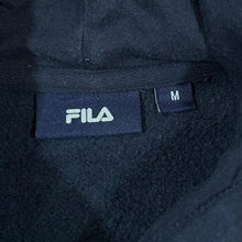 Load image into Gallery viewer, FILA Spellout Graphic Black Blue Patterned Pullover Hoodie
