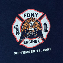 Load image into Gallery viewer, Vintage FDNY ENGINE 6 Firefighter Tribute Souvenir Graphic Navy Blue T-Shirt
