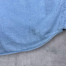 Load image into Gallery viewer, Vintage Stockerpoint Cowboy Western Blue Denim Brown Leather Panel Popper Long Sleeve Shirt
