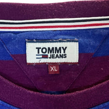 Load image into Gallery viewer, TOMMY JEANS Tommy Hilfiger Embroidered Mini Script Logo Blue Burgundy Striped T-Shirt
