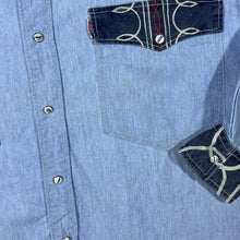 Load image into Gallery viewer, Vintage Dobber Cowboy Western Patterned Popper Blue Denim Long Sleeve Shirt
