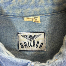 Load image into Gallery viewer, Vintage Arizona Cowboy Western Faux Leather Panel Blue Denim Popper Long Sleeve Shirt
