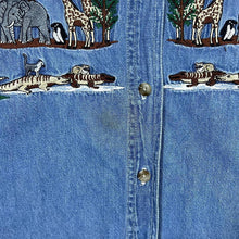 Load image into Gallery viewer, Vintage 90&#39;s Let&#39;s Quizz Again Noah&#39;s Ark Embroidered Animal Blue Denim Long Sleeve Shirt
