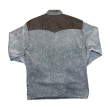 Load image into Gallery viewer, Vintage ARIZONA JEANS Leather Panel Cowboy Western Acid Wash Denim Long Sleeve Shirt
