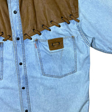 Load image into Gallery viewer, Vintage Shooter Cowboy Western Leather Panel Blue Denim Popper Long Sleeve Shirt
