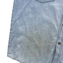 Load image into Gallery viewer, Vintage Cowboy Western Brown Leather Panel Blue Denim Popper Long Sleeve Shirt
