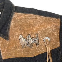 Load image into Gallery viewer, Vintage JOHN F. GEE Embroidered Horse Tassle Leather Panel Cowboy Western Black Denim Long Sleeve Shirt
