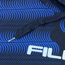 Load image into Gallery viewer, FILA Spellout Graphic Black Blue Patterned Pullover Hoodie
