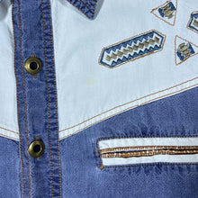 Load image into Gallery viewer, Vintage John Baner Embroidered Cowboy Western Aztec Blue Denim Short Sleeve Shirt
