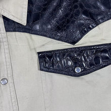 Load image into Gallery viewer, Vintage Cowboy Western Black Faux Leather Panel Beige Cotton Popper Long Sleeve Shirt
