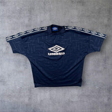 Load image into Gallery viewer, Vintage 90's Umbro Embossed Big Logo Spellout Tape Sleeve Polyester T-Shirt
