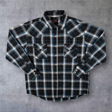 Load image into Gallery viewer, Vintage Plains Western Cowboy Black White Blue Check Long Sleeve Popper Shirt
