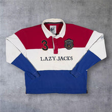 Load image into Gallery viewer, Lazy Jacks Rugby Shirt Mens XL Red Blue White Embroidered Crest Long Sleeve Polo
