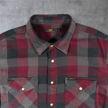 Load image into Gallery viewer, Lee Western Shirt Mens L Burgundy Plaid Check Pearl Snap Cowboy Workwear
