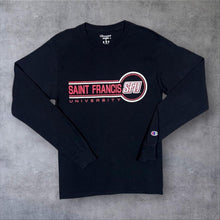 Load image into Gallery viewer, Champion Saint Francis University College Spellout Graphic Long Sleeve Black T-Shirt
