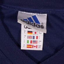 Load image into Gallery viewer, Vintage Adidas Three Stripe Mini Logo Navy Blue Polyester Short Sleeve V-Neck T-Shirt
