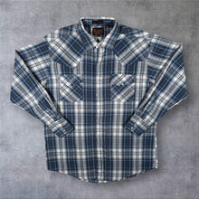 Load image into Gallery viewer, Vintage Plains "Tall Man" Western Cowboy Blue White Grey Check Long Sleeve Popper Shirt
