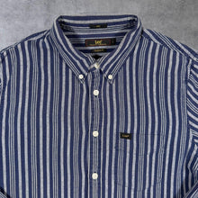 Load image into Gallery viewer, Lee "Regular Fit" Navy Blue Striped Long Sleeve Linen Cotton Button-Down Shirt
