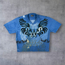 Load image into Gallery viewer, Vintage Woodpecker Goth Y2K Tribal Patterned Blue Short Sleeve Shirt
