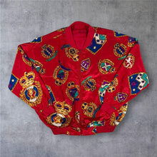 Load image into Gallery viewer, Vintage 90s Red Satin Style Bomber Jacket Baroque Heraldic Crest Print M L
