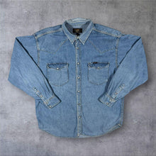 Load image into Gallery viewer, Vintage Lee Sanforized Denim Western Shirt L Pearl Snap Cowboy Blue Workwear
