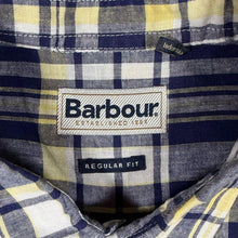 Load image into Gallery viewer, Barbour Linen Mix Shirt Mens L Regular Fit Navy Yellow Check Short Sleeve
