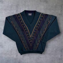 Load image into Gallery viewer, Vintage Pierre Sangan Wool Blend Geometric V Neck Jumper Teal 80s 90s Large
