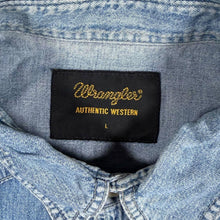 Load image into Gallery viewer, Wrangler Authentic Western Denim Shirt Mens L Light Blue Pearl Snap Cowboy
