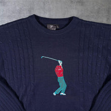 Load image into Gallery viewer, Tootal Golf Jumper Large Navy Embroidered Golfer Cable Knit Sweater Acrylic Wool
