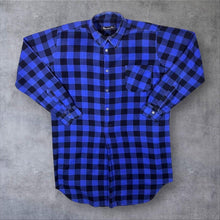 Load image into Gallery viewer, Vintage Marcello Blue Black Plaid Check Long Sleeve Cotton Longline Flannel Shirt
