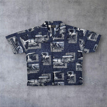 Load image into Gallery viewer, Vintage San Giotto Hawaiian Tropical Surfer Pattern Blue Cotton Short Sleeve Shirt
