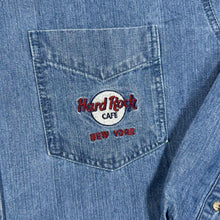 Load image into Gallery viewer, Vintage Hard Rock Cafe New York Denim Shirt Blue Embroidered Guitar 90s XL
