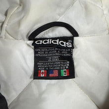 Load image into Gallery viewer, Vintage 90s Adidas Puffer Jacket Mens M Black White Trefoil Hooded Spellout
