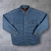 Load image into Gallery viewer, Vintage 90s Wolverine Denim Shirt Jacket L Fleece Lined Workwear Shacket USA
