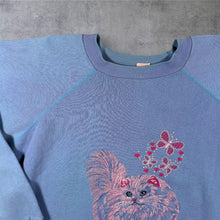Load image into Gallery viewer, Vintage 90's Made In USA Cat Butterfly Graphic Blue Sweatshirt
