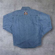 Load image into Gallery viewer, Vintage Hard Rock Cafe New York Denim Shirt Blue Embroidered Guitar 90s XL
