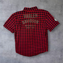 Load image into Gallery viewer, Harley Davidson Mens Large Slim Skull Shirt Red Black Buffalo Plaid Biker Check
