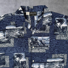Load image into Gallery viewer, Vintage San Giotto Hawaiian Tropical Surfer Pattern Blue Cotton Short Sleeve Shirt
