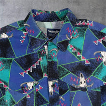 Load image into Gallery viewer, Vintage 90s Wrangler Cowboy Cut Shirt 17 35 L XL Longhorn Skull Aztec Pearl Snap
