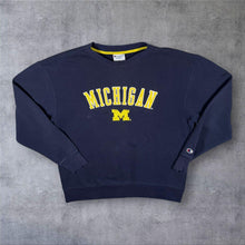 Load image into Gallery viewer, Champion Michigan Wolverines College Embroidered Spellout Navy Blue Sweatshirt
