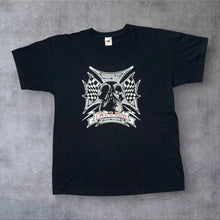 Load image into Gallery viewer, Live 2 Ride Gothic Biker Racing Flag Skull Spellout Graphic T-Shirt
