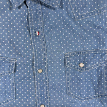 Load image into Gallery viewer, Amorte Women's M Chambray Western Shirt Blue Polka Dot Pearl Snap Cowboy
