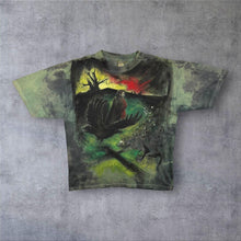 Load image into Gallery viewer, Vintage JT's Goth Fantasy Crow Scene Hand Painted Green Tie Dye Cotton T-Shirt
