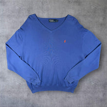 Load image into Gallery viewer, Early 00's Polo Ralph Lauren 100% Pima Cotton Blue V-Neck Knit Jumper
